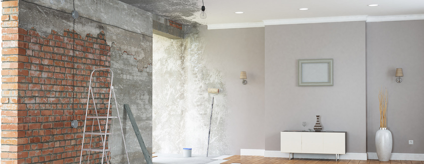 Living room with the left half in the midst of renovation and the right side showing the finished project