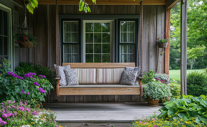 Rustic home with front porch swing, spring flowers and greenery
