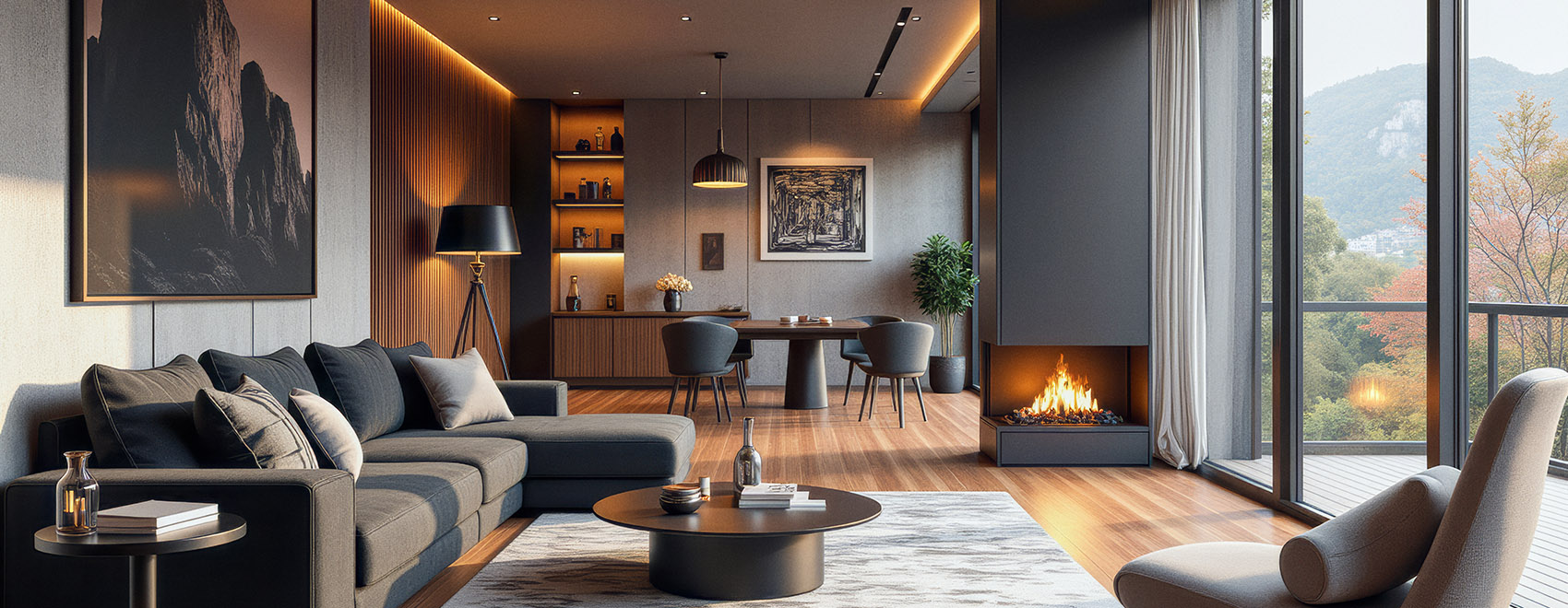 Great room decorated in dark tones with accent lighting, a fireplace, and a deck.