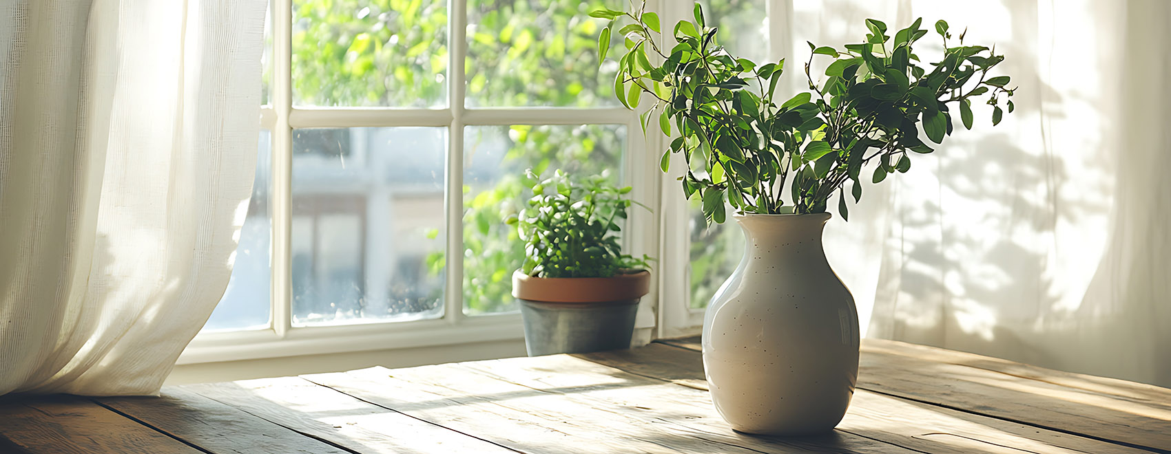 Plants on wooden table in front of kitchen window with white curtains